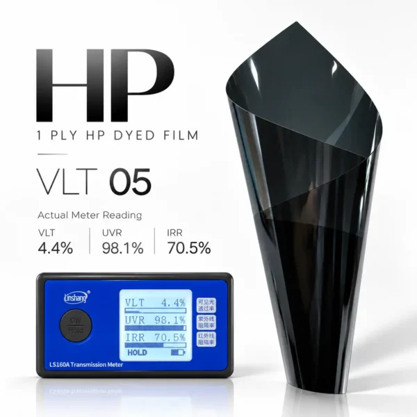 1PLY HP dyed automotive window tint film VLT 05 with black film roll and actual meter readings