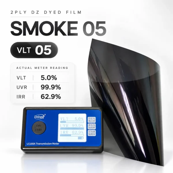 2PLY DZ Smoke 05 dyed car window tint film with VLT 5% and actual meter reading