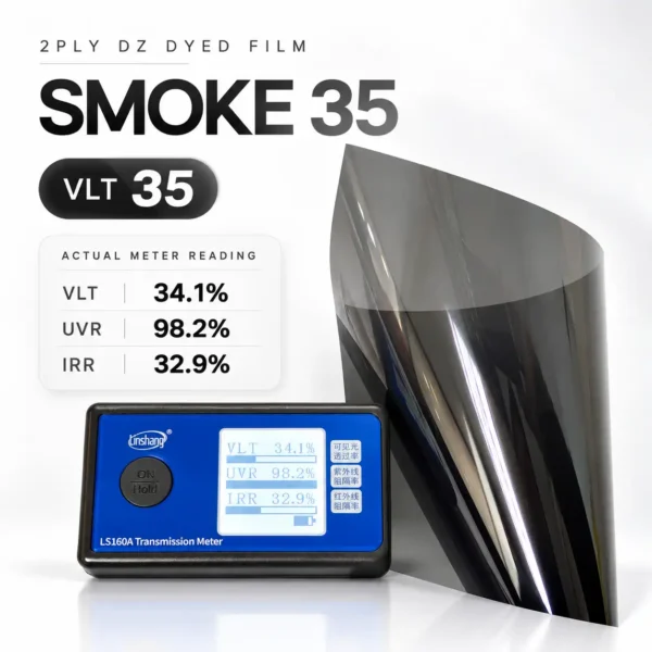 2PLY DZ Smoke 35 dyed automotive window film with VLT 35% and actual tint meter reading