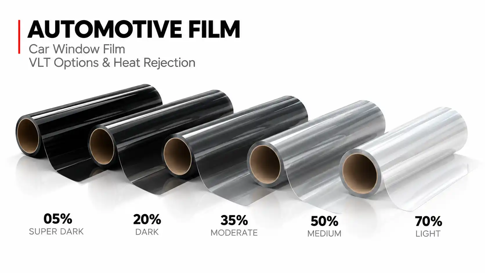 Automotive window tint films in different VLT shades