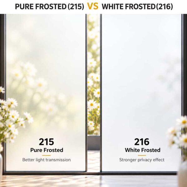 Sunshine Pure Frosted 215 vs White Frosted 216 window film comparison showing light transmission and privacy effects