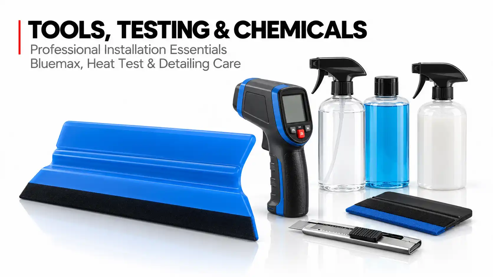 Window film installation tools including Bluemax and testing equipment