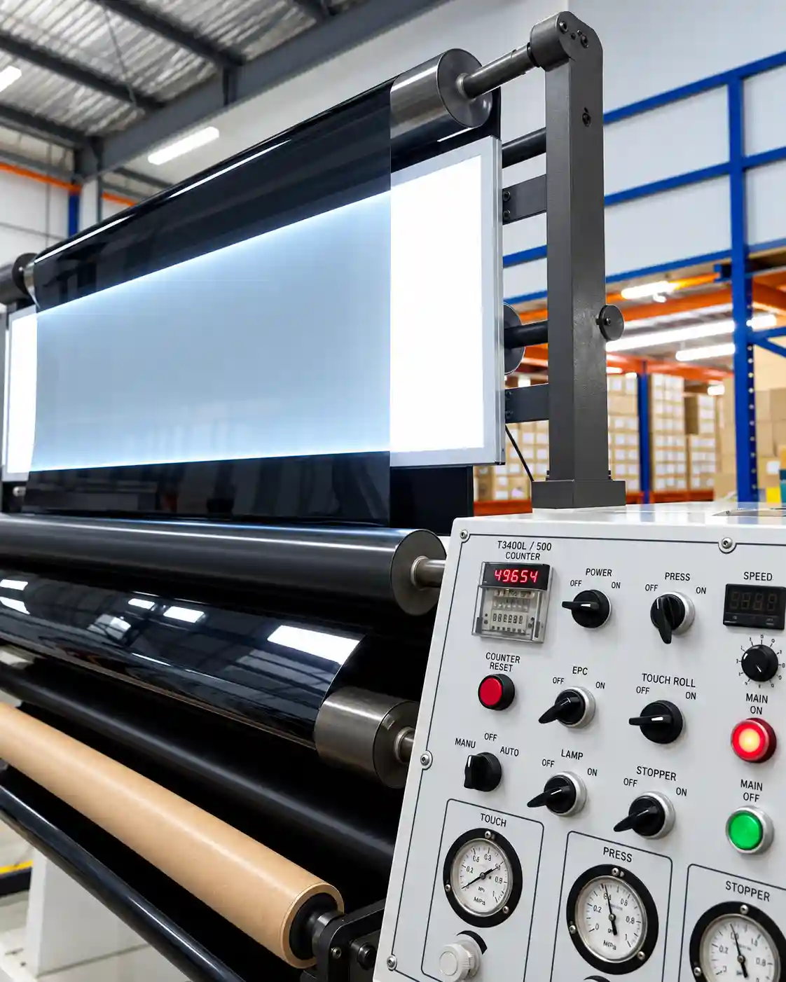 Window film processing and inspection machine with tinted film rollers