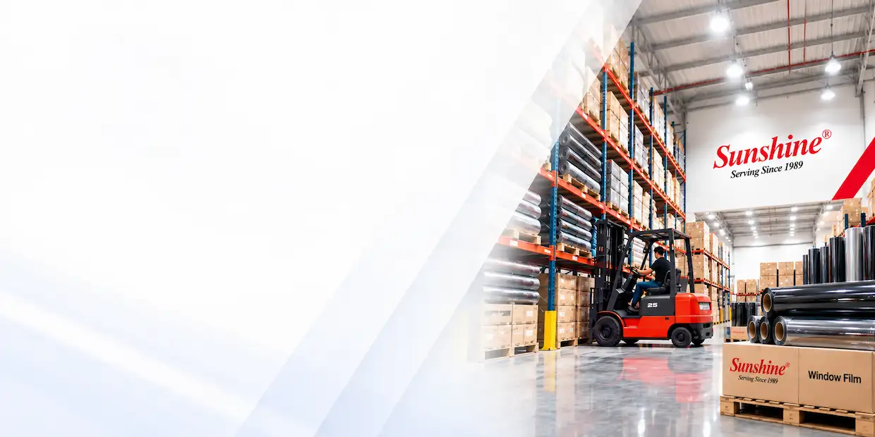 Window Film Supplier Malaysia – Sunshine wholesale warehouse with automotive tint rolls, forklift and bulk stock