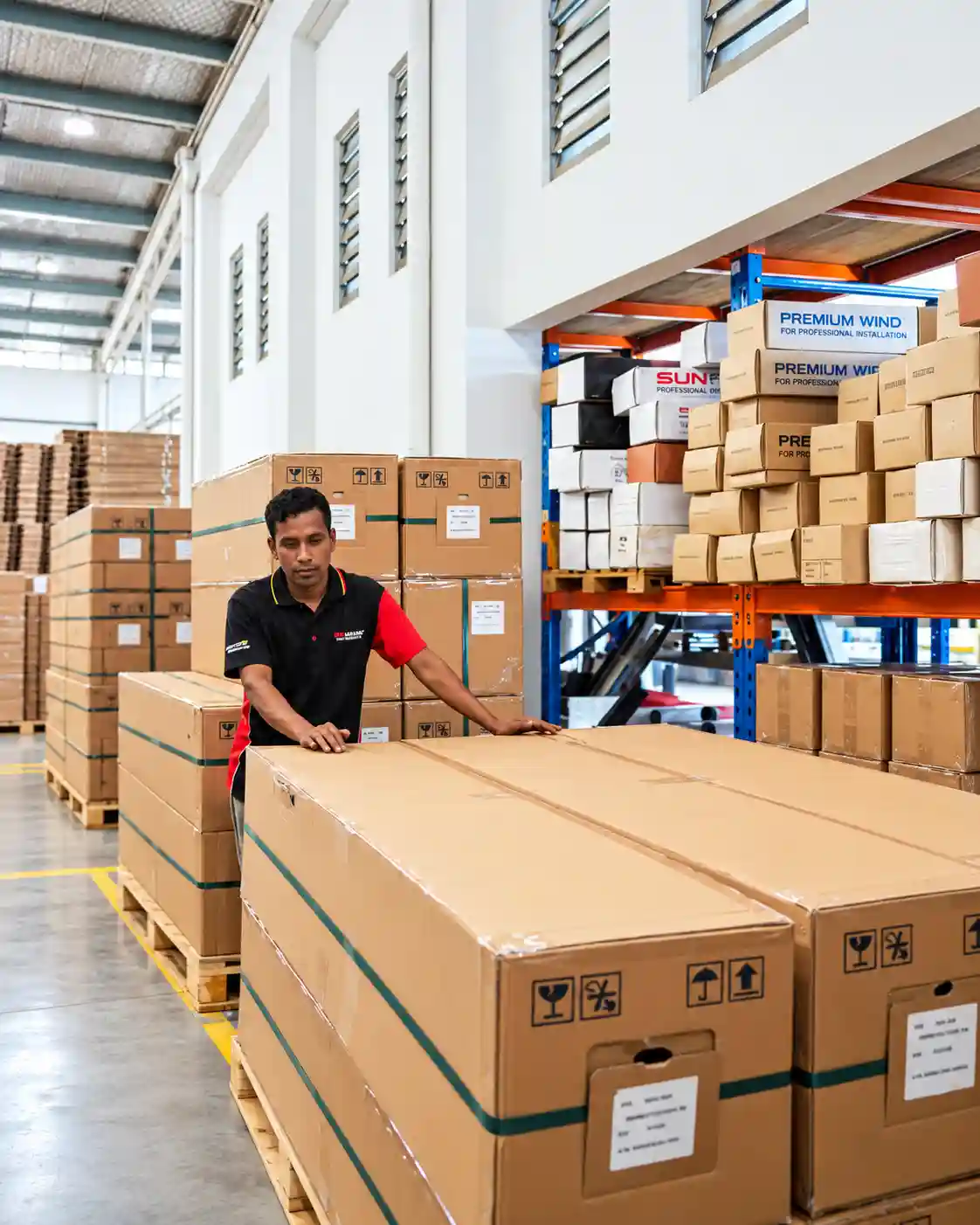 Warehouse staff handling boxed window film inventory in Malaysia